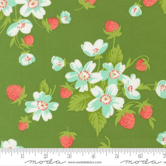 Image of Bloomsberry In Bloom Green quilting cotton fabric by Camille Roskelley for Moda Fabrics. Features flowers on a green background. Cute Little Fabric Shop.