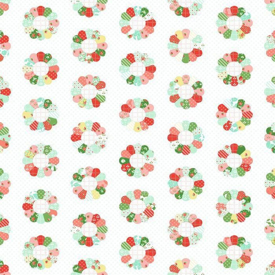 Image of Bloomsberry Cheater Multi quilting cotton fabric by Camille Roskelley for Moda Fabrics. Features printed quilt blocks on a white background. Cute Little Fabric Shop.