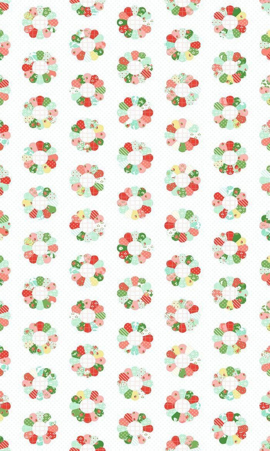 Image of Bloomsberry Cheater Multi quilting cotton fabric by Camille Roskelley for Moda Fabrics. Features printed quilt blocks on a white background. Cute Little Fabric Shop.