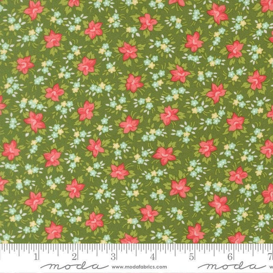 Image of Bloomsberry Marylebone Green quilting cotton fabric by Camille Roskelley for Moda Fabrics. Features flowers on a green background. Cute Little Fabric Shop.