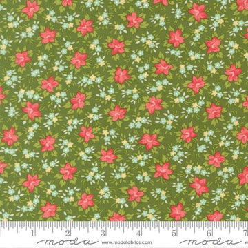 Image of Bloomsberry Marylebone Green quilting cotton fabric by Camille Roskelley for Moda Fabrics. Features flowers on a green background. Cute Little Fabric Shop.
