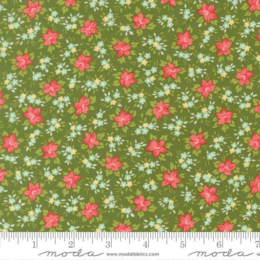 Image of Bloomsberry Marylebone Green quilting cotton fabric by Camille Roskelley for Moda Fabrics. Features flowers on a green background. Cute Little Fabric Shop.