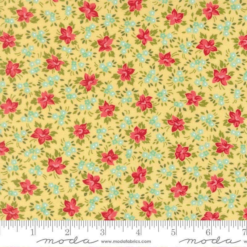 Image of Bloomsberry Marylebone Buttermilk quilting cotton fabric by Camille Roskelley for Moda Fabrics. Features flowers on a yellow background. Cute Little Fabric Shop.