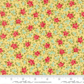 Image of Bloomsberry Marylebone Buttermilk quilting cotton fabric by Camille Roskelley for Moda Fabrics. Features flowers on a yellow background. Cute Little Fabric Shop.