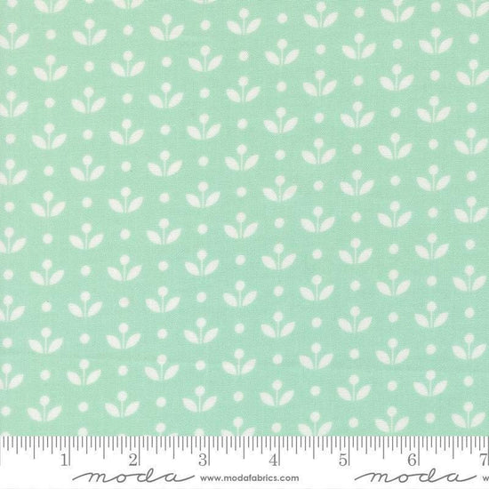 Image of Bloomsberry Mayfair Aqua quilting cotton fabric by Camille Roskelley for Moda Fabrics. Features flowers on a blue background. Cute Little Fabric Shop.