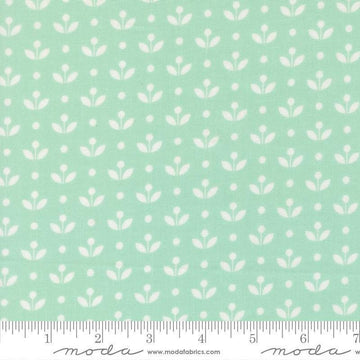 Image of Bloomsberry Mayfair Aqua quilting cotton fabric by Camille Roskelley for Moda Fabrics. Features flowers on a blue background. Cute Little Fabric Shop.