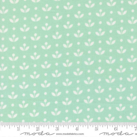 Image of Bloomsberry Mayfair Aqua quilting cotton fabric by Camille Roskelley for Moda Fabrics. Features flowers on a blue background. Cute Little Fabric Shop.