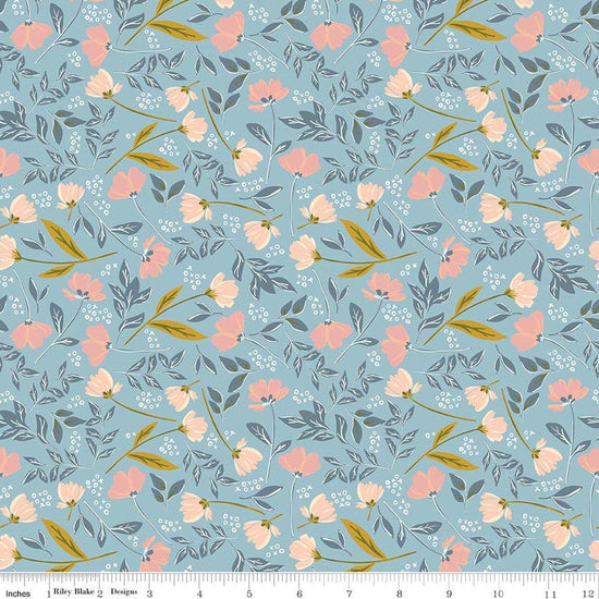 Image of Petals & Hazel Main Dream quilting cotton fabric by Simple Simon & Company for Riley Blake Designs. Features flowers on a blue background. Cute Little Fabric Shop.