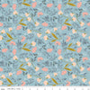 Image of Petals & Hazel Main Dream quilting cotton fabric by Simple Simon & Company for Riley Blake Designs. Features flowers on a blue background. Cute Little Fabric Shop.