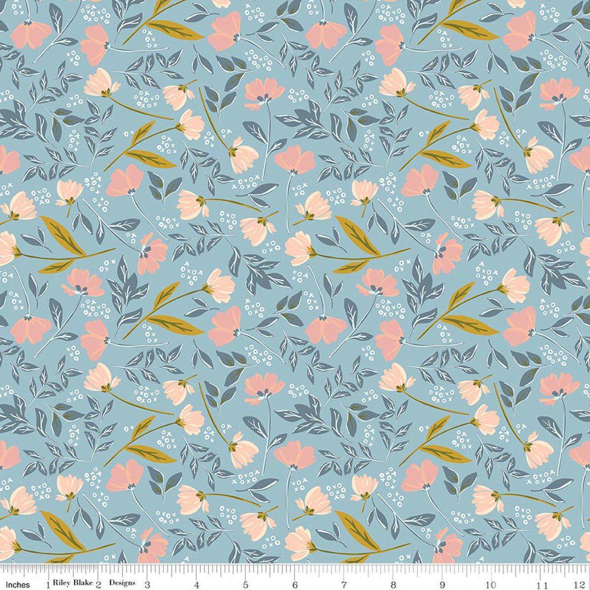 Image of Petals & Hazel Main Dream quilting cotton fabric by Simple Simon & Company for Riley Blake Designs. Features flowers on a blue background. Cute Little Fabric Shop.