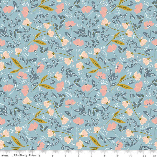 Image of Petals & Hazel Main Dream quilting cotton fabric by Simple Simon & Company for Riley Blake Designs. Features flowers on a blue background. Cute Little Fabric Shop.