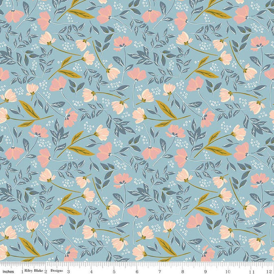 Image of Petals & Hazel Main Dream quilting cotton fabric by Simple Simon & Company for Riley Blake Designs. Features flowers on a blue background. Cute Little Fabric Shop.