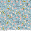 Image of Petals & Hazel Main Dream quilting cotton fabric by Simple Simon & Company for Riley Blake Designs. Features flowers on a blue background. Cute Little Fabric Shop.