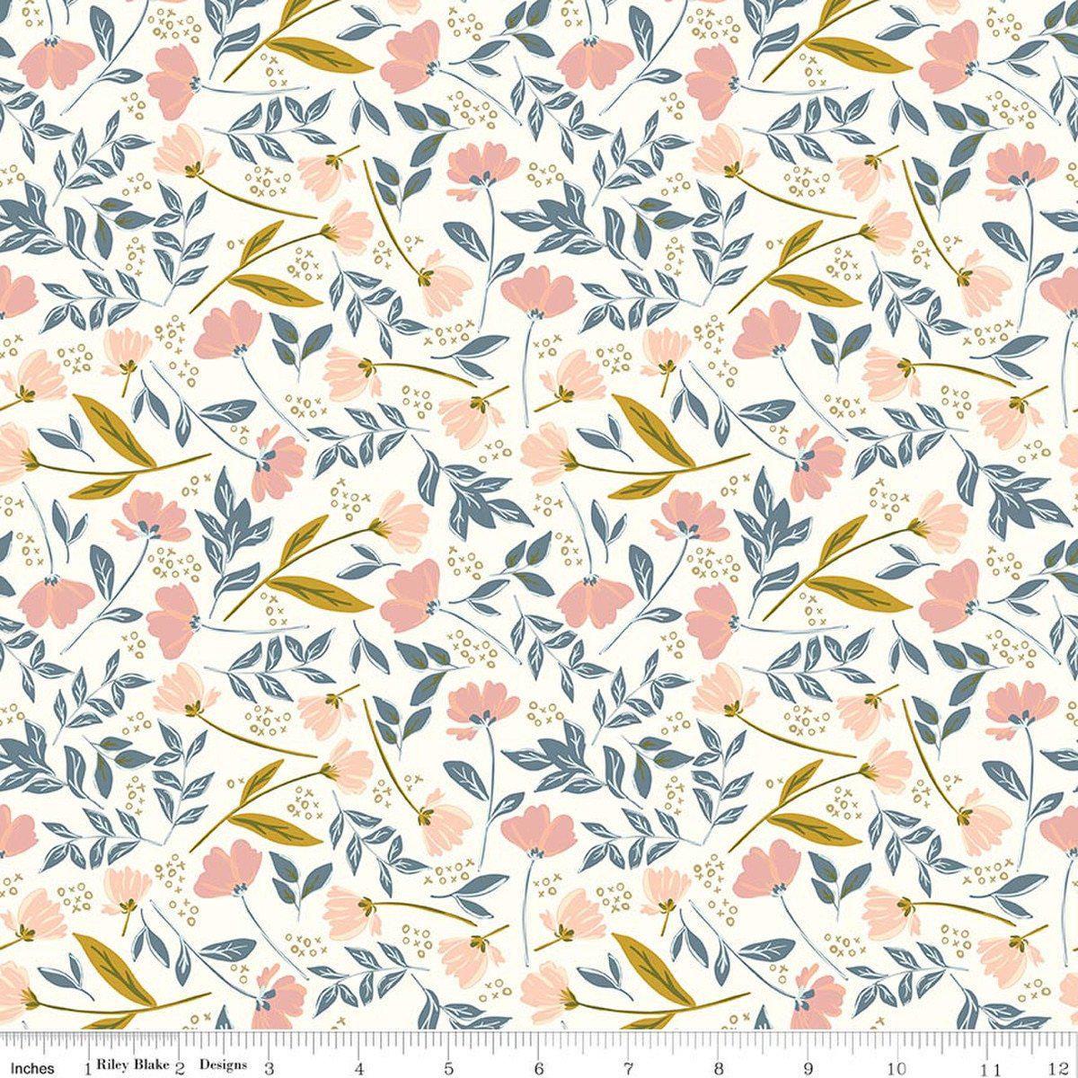Image of Petals & Hazel Main Off White quilting cotton fabric by Simple Simon & Company for Riley Blake Designs. Features flowers on a white background. Cute Little Fabric Shop.