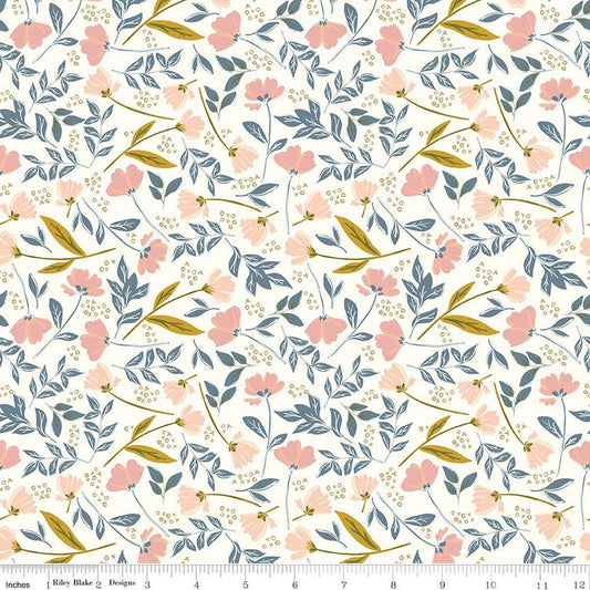 Image of Petals & Hazel Main Off White quilting cotton fabric by Simple Simon & Company for Riley Blake Designs. Features flowers on a white background. Cute Little Fabric Shop.