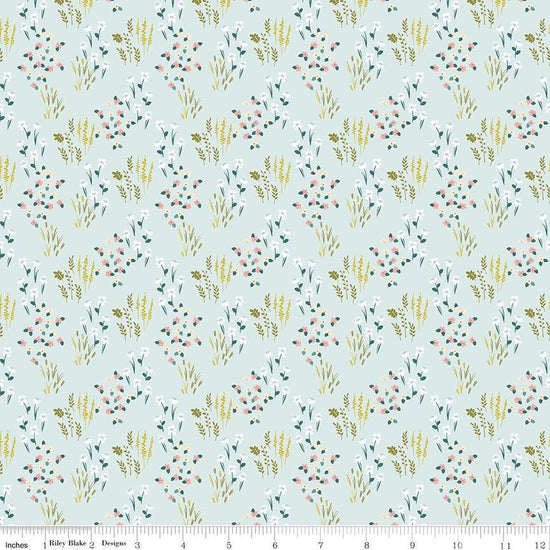 Image of Petals & Hazel Meadow Powder quilting cotton fabric by Simple Simon & Company for Riley Blake Designs. Features flowers on a blue background. Cute Little Fabric Shop.