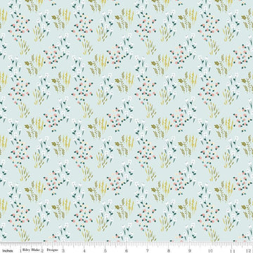 Image of Petals & Hazel Meadow Powder quilting cotton fabric by Simple Simon & Company for Riley Blake Designs. Features flowers on a blue background. Cute Little Fabric Shop.