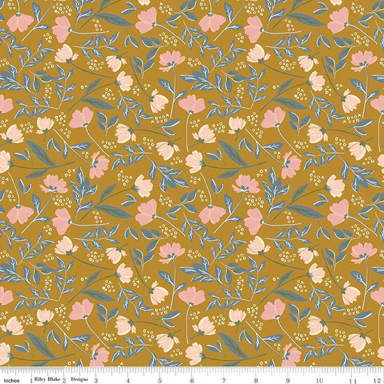 Image of Petals & Hazel Main Butterscotch quilting cotton fabric by Simple Simon & Company for Riley Blake Designs. Features flowers on a gold background. Cute Little Fabric Shop.