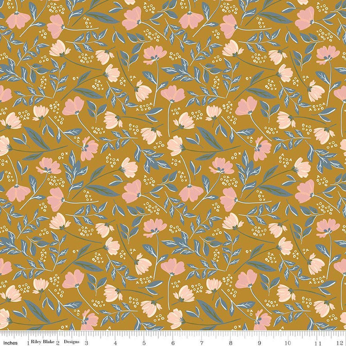 Image of Petals & Hazel Main Butterscotch quilting cotton fabric by Simple Simon & Company for Riley Blake Designs. Features flowers on a gold background. Cute Little Fabric Shop.