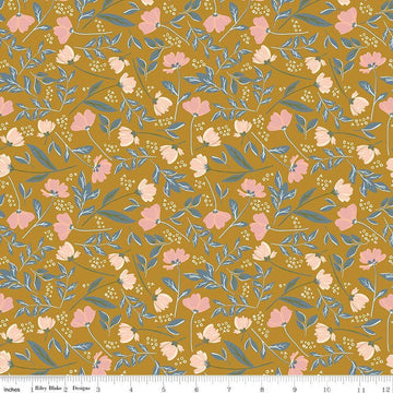 Image of Petals & Hazel Main Butterscotch quilting cotton fabric by Simple Simon & Company for Riley Blake Designs. Features flowers on a gold background. Cute Little Fabric Shop.
