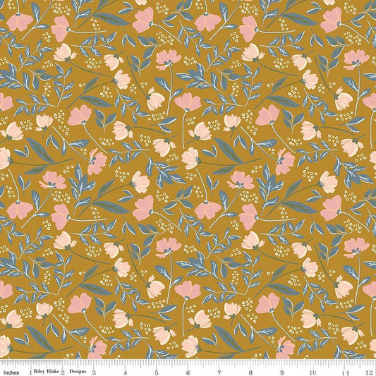 Image of Petals & Hazel Main Butterscotch quilting cotton fabric by Simple Simon & Company for Riley Blake Designs. Features flowers on a gold background. Cute Little Fabric Shop.
