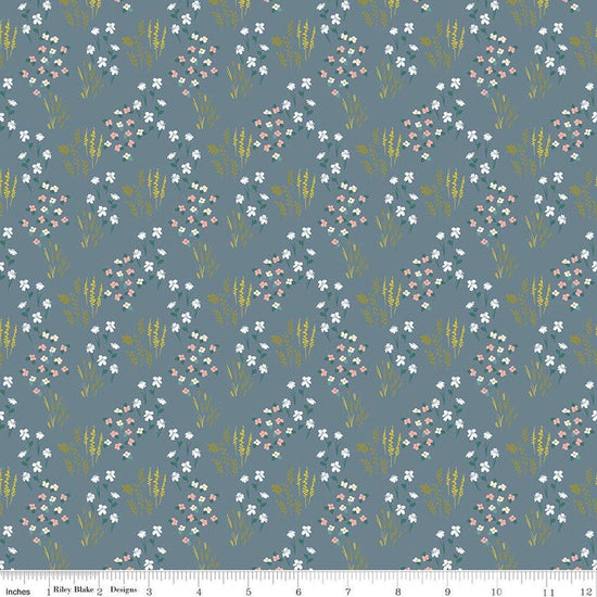Image of Petals & Hazel Meadow Blue quilting cotton fabric by Simple Simon & Company for Riley Blake Designs. Features flowers on a blue background. Cute Little Fabric Shop.