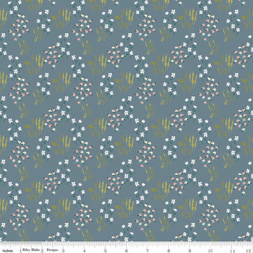 Image of Petals & Hazel Meadow Blue quilting cotton fabric by Simple Simon & Company for Riley Blake Designs. Features flowers on a blue background. Cute Little Fabric Shop.