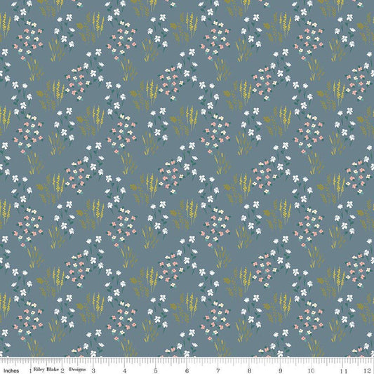 Image of Petals & Hazel Meadow Blue quilting cotton fabric by Simple Simon & Company for Riley Blake Designs. Features flowers on a blue background. Cute Little Fabric Shop.