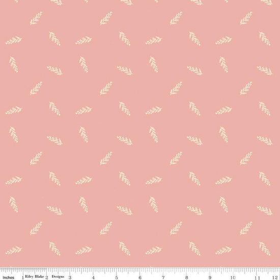 Image of Petals & Hazel Toss Coral quilting cotton fabric by Simple Simon & Company for Riley Blake Designs. Features leaves on a pink background. Cute Little Fabric Shop.