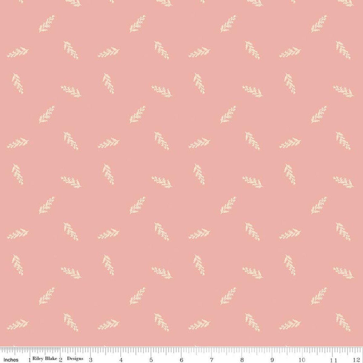 Image of Petals & Hazel Toss Coral quilting cotton fabric by Simple Simon & Company for Riley Blake Designs. Features leaves on a pink background. Cute Little Fabric Shop.