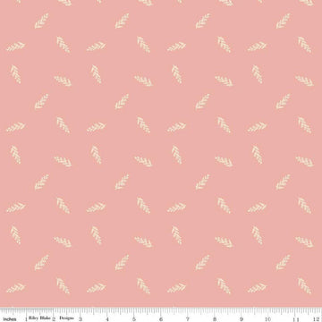 Image of Petals & Hazel Toss Coral quilting cotton fabric by Simple Simon & Company for Riley Blake Designs. Features leaves on a pink background. Cute Little Fabric Shop.