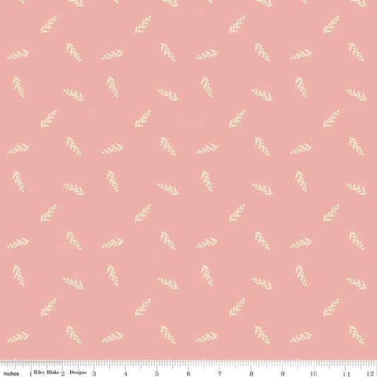 Image of Petals & Hazel Toss Coral quilting cotton fabric by Simple Simon & Company for Riley Blake Designs. Features leaves on a pink background. Cute Little Fabric Shop.