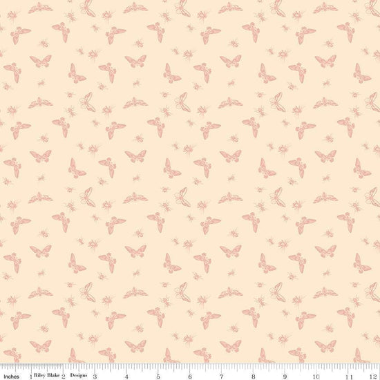 Image of Petals & Hazel Flutter Blush quilting cotton fabric by Simple Simon & Company for Riley Blake Designs. Features butterflies on a cream background. Cute Little Fabric Shop.