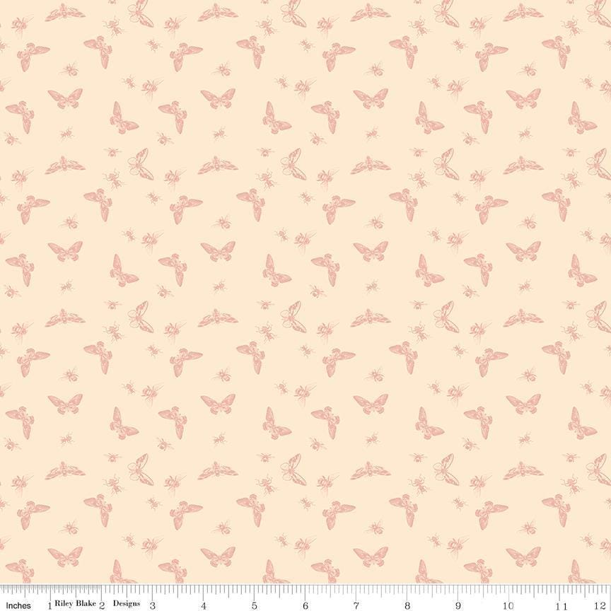 Image of Petals & Hazel Flutter Blush quilting cotton fabric by Simple Simon & Company for Riley Blake Designs. Features butterflies on a cream background. Cute Little Fabric Shop.