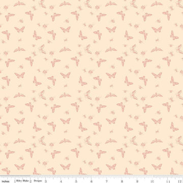 Image of Petals & Hazel Flutter Blush quilting cotton fabric by Simple Simon & Company for Riley Blake Designs. Features butterflies on a cream background. Cute Little Fabric Shop.