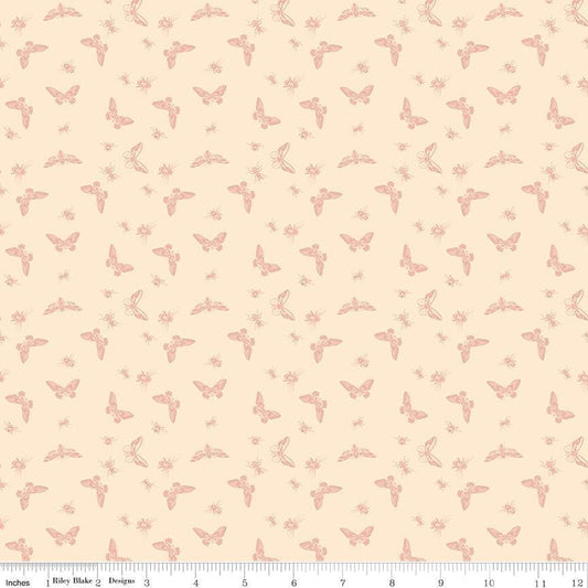 Image of Petals & Hazel Flutter Blush quilting cotton fabric by Simple Simon & Company for Riley Blake Designs. Features butterflies on a cream background. Cute Little Fabric Shop.