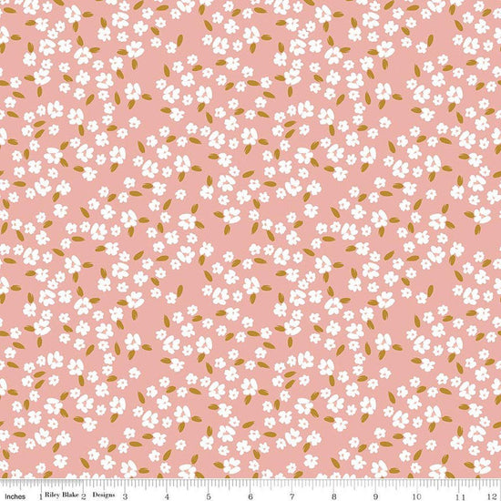 Image of Petals & Hazel Blossoms Coral quilting cotton fabric by Simple Simon & Company for Riley Blake Designs. Features flowers on a pink background. Cute Little Fabric Shop.
