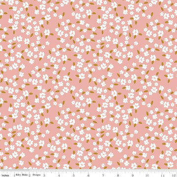 Image of Petals & Hazel Blossoms Coral quilting cotton fabric by Simple Simon & Company for Riley Blake Designs. Features flowers on a pink background. Cute Little Fabric Shop.