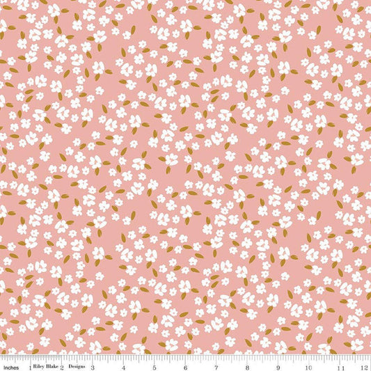 Image of Petals & Hazel Blossoms Coral quilting cotton fabric by Simple Simon & Company for Riley Blake Designs. Features flowers on a pink background. Cute Little Fabric Shop.