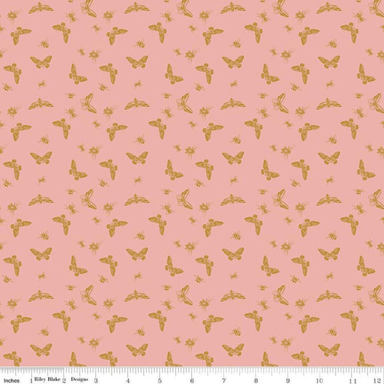 Image of Petals & Hazel Flutter Coral quilting cotton fabric by Simple Simon & Company for Riley Blake Designs. Features butterflies on a pink background. Cute Little Fabric Shop.