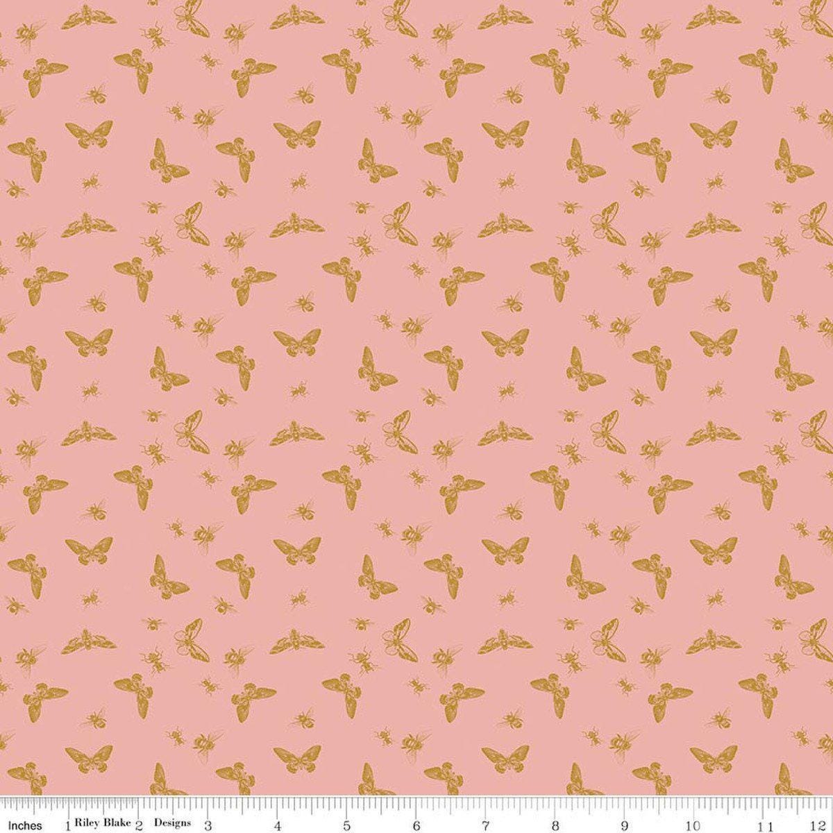 Image of Petals & Hazel Flutter Coral quilting cotton fabric by Simple Simon & Company for Riley Blake Designs. Features butterflies on a pink background. Cute Little Fabric Shop.