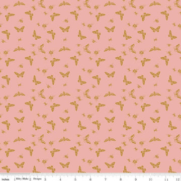 Image of Petals & Hazel Flutter Coral quilting cotton fabric by Simple Simon & Company for Riley Blake Designs. Features butterflies on a pink background. Cute Little Fabric Shop.
