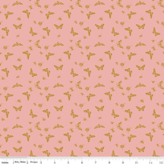 Image of Petals & Hazel Flutter Coral quilting cotton fabric by Simple Simon & Company for Riley Blake Designs. Features butterflies on a pink background. Cute Little Fabric Shop.