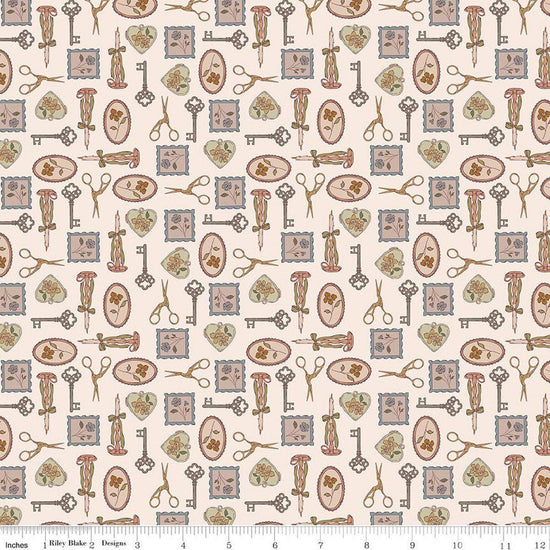 Image of Charmed & Treasured Charmed Latte by Kassidy Grace for Riley Blake Designs. Features keys on a cream background. Cute Little Fabric Shop.
