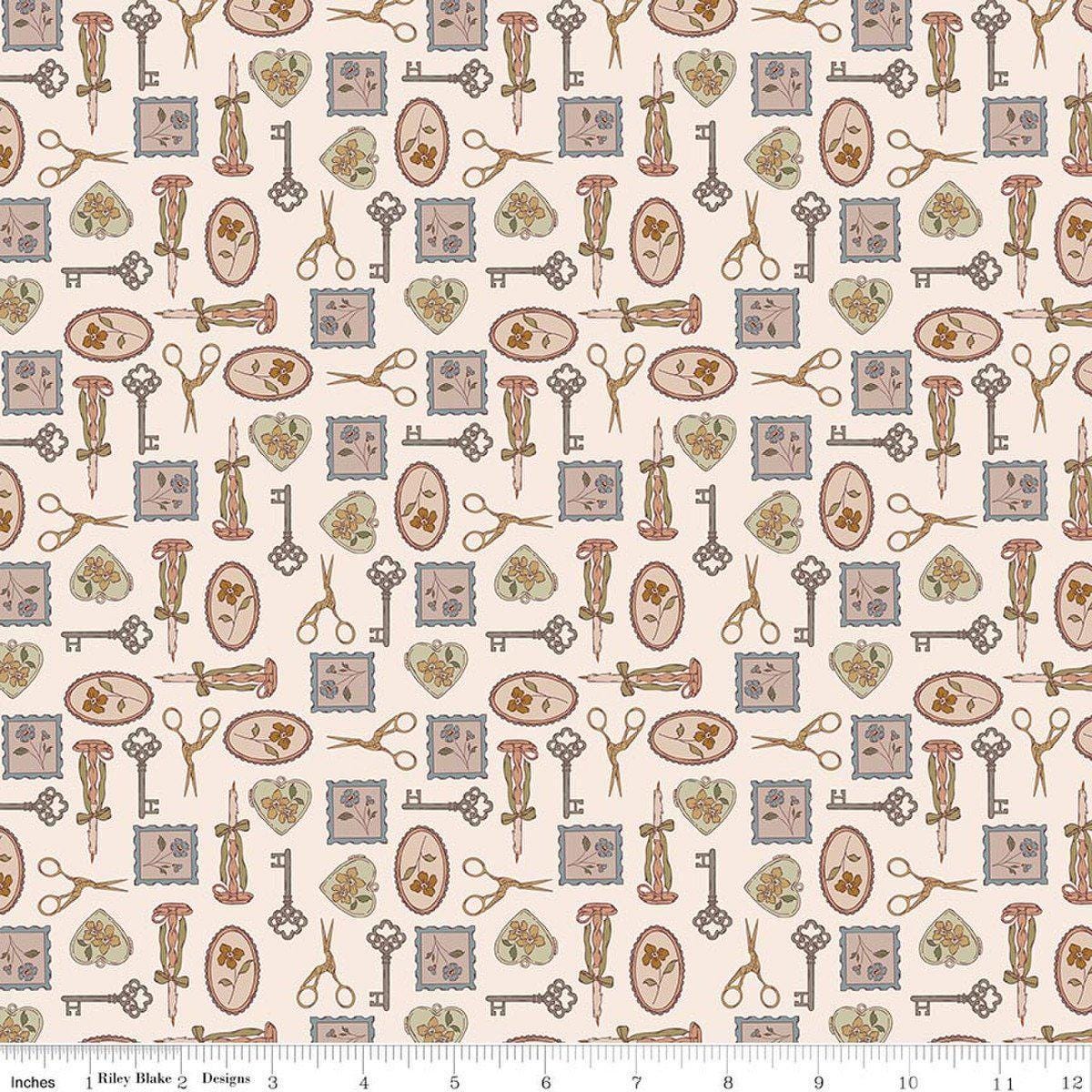 Image of Charmed & Treasured Charmed Latte by Kassidy Grace for Riley Blake Designs. Features keys on a cream background. Cute Little Fabric Shop.