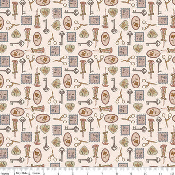 Image of Charmed & Treasured Charmed Latte by Kassidy Grace for Riley Blake Designs. Features keys on a cream background. Cute Little Fabric Shop.