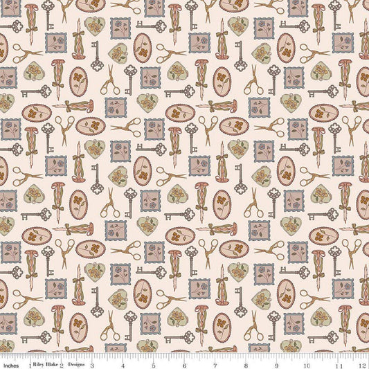 Image of Charmed & Treasured Charmed Latte by Kassidy Grace for Riley Blake Designs. Features keys on a cream background. Cute Little Fabric Shop.