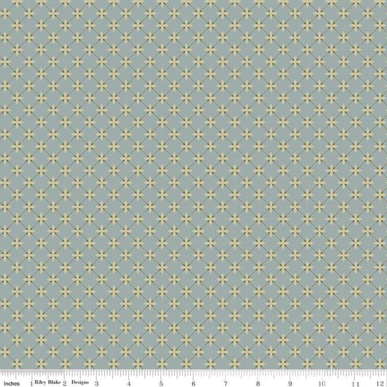 Image of Charmed & Treasured Stell Dove by Kassidy Grace for Riley Blake Designs. Features a geometric pattern on a blue background. Cute Little Fabric Shop.