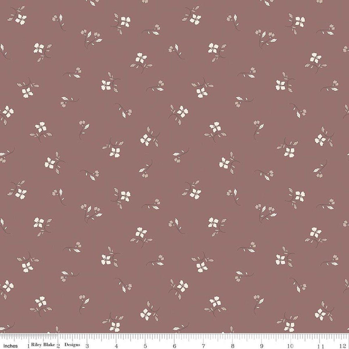 Image of Charmed & Treasured Iris Canyon Rose by Kassidy Grace for Riley Blake Designs. Features flowers on a brownish gray background. Cute Little Fabric Shop.