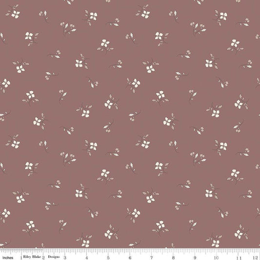 Image of Charmed & Treasured Iris Canyon Rose by Kassidy Grace for Riley Blake Designs. Features flowers on a brownish gray background. Cute Little Fabric Shop.
